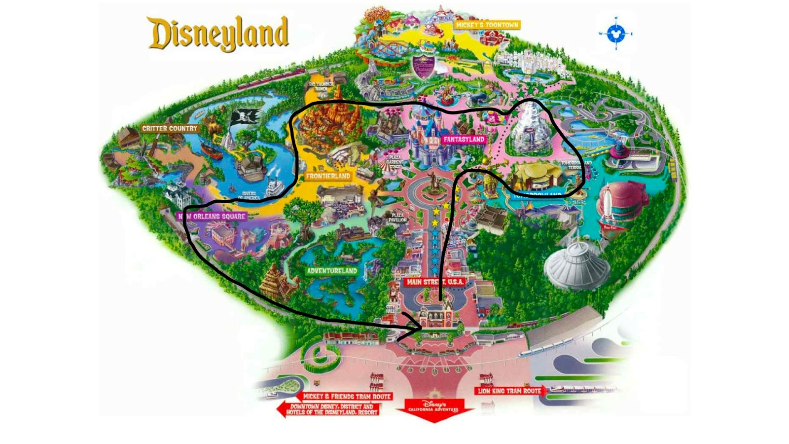 An image of Disneyland with a predetermined, one-size-fits-all schedule and route through the park