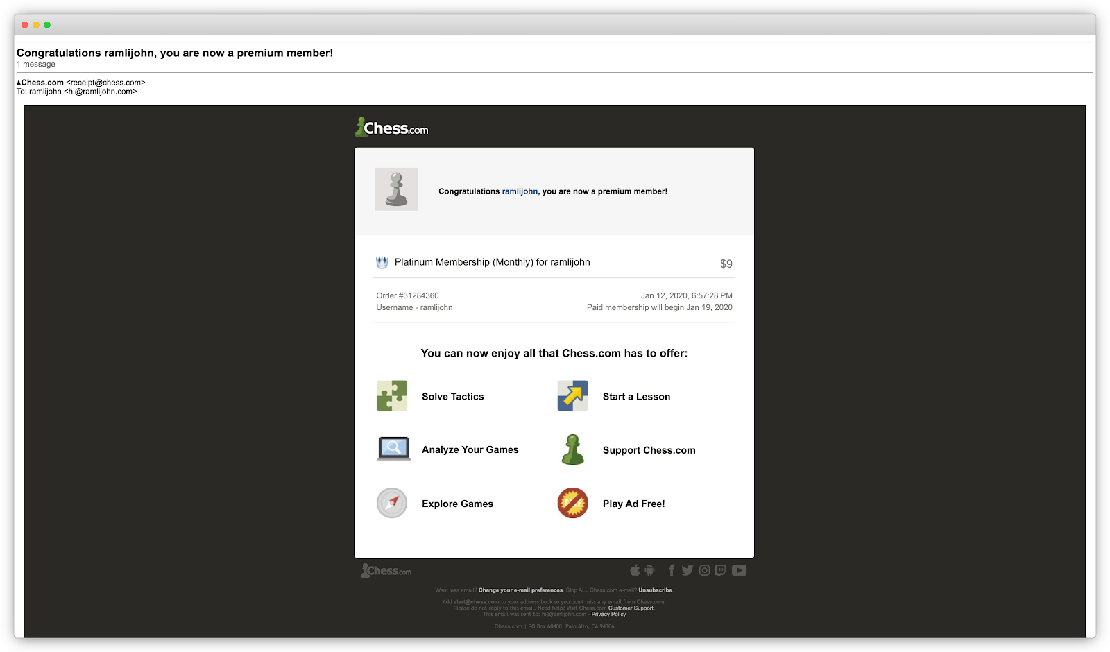 A screenshot of an email from Chess.com reminding the user of all the benefits they receive once they become a premium member