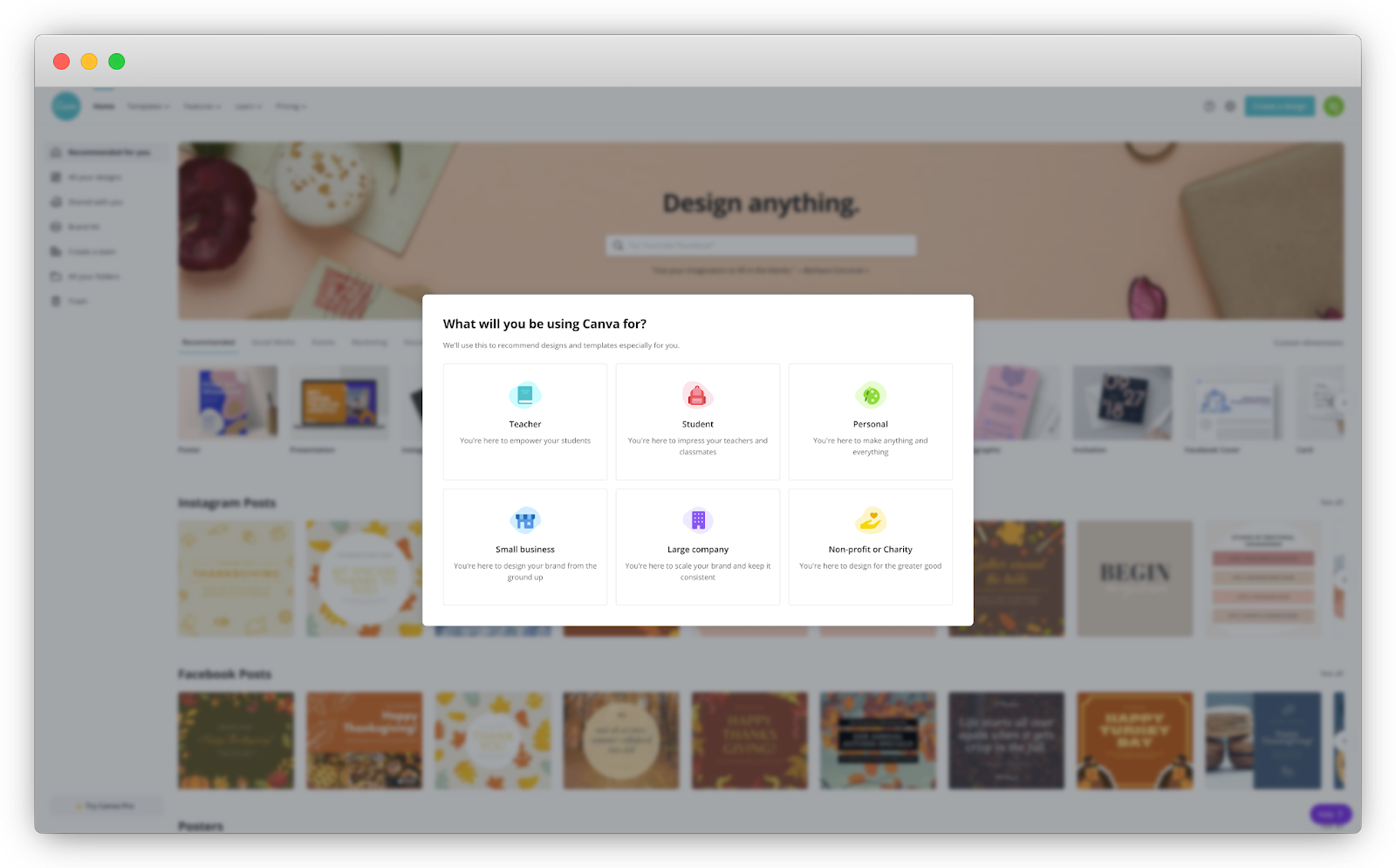 A screenshot of Canva asking users  what they will be using Canva for
