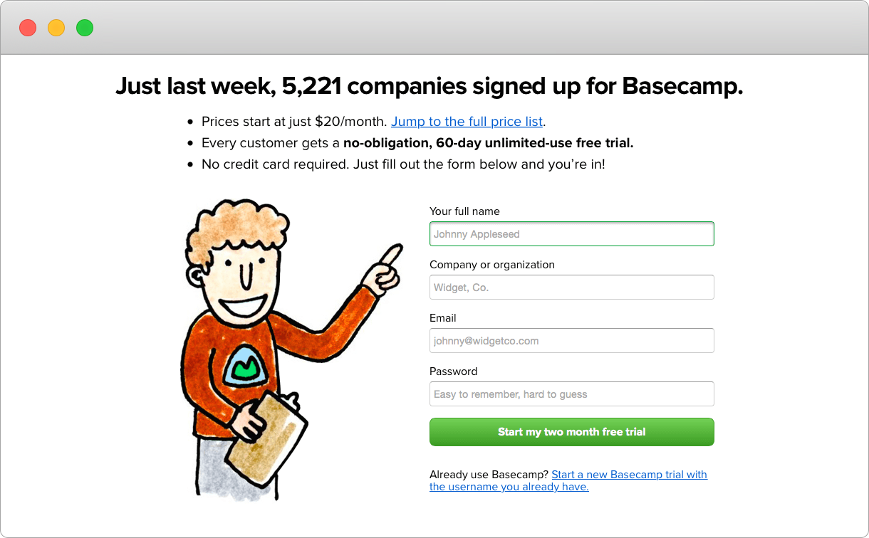 A screenshot of Basecamp's sign up form