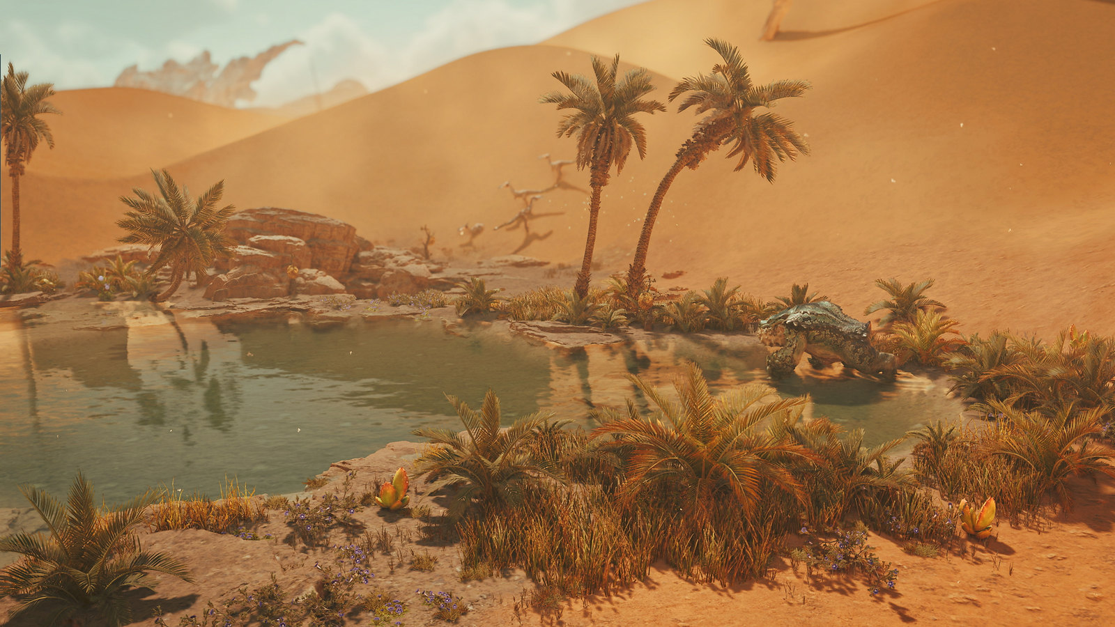 This image shows an oasis in the middle of sandy dunes. 