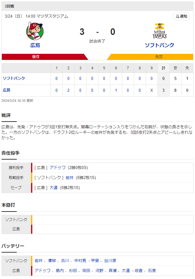 広島ソフトバンク_オープン戦_スコア