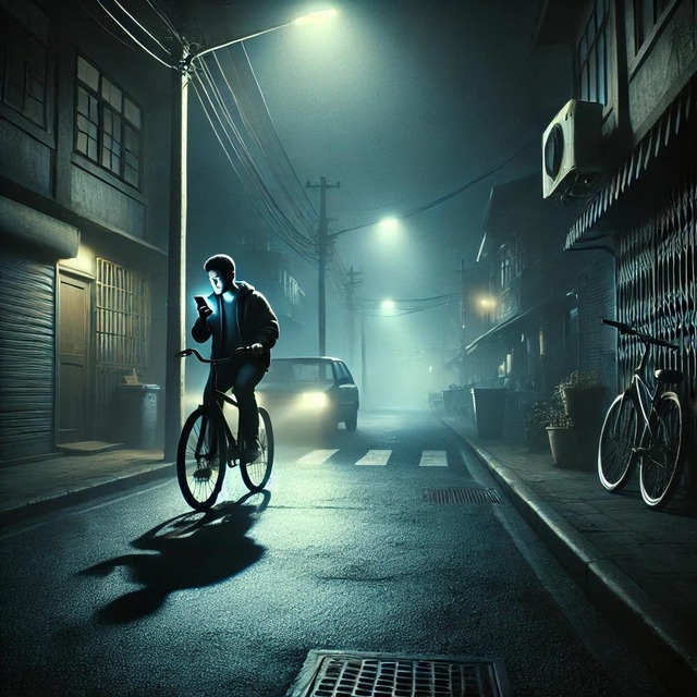 A_night_scene_where_a_person_(A)_rides_a_bicycle_d