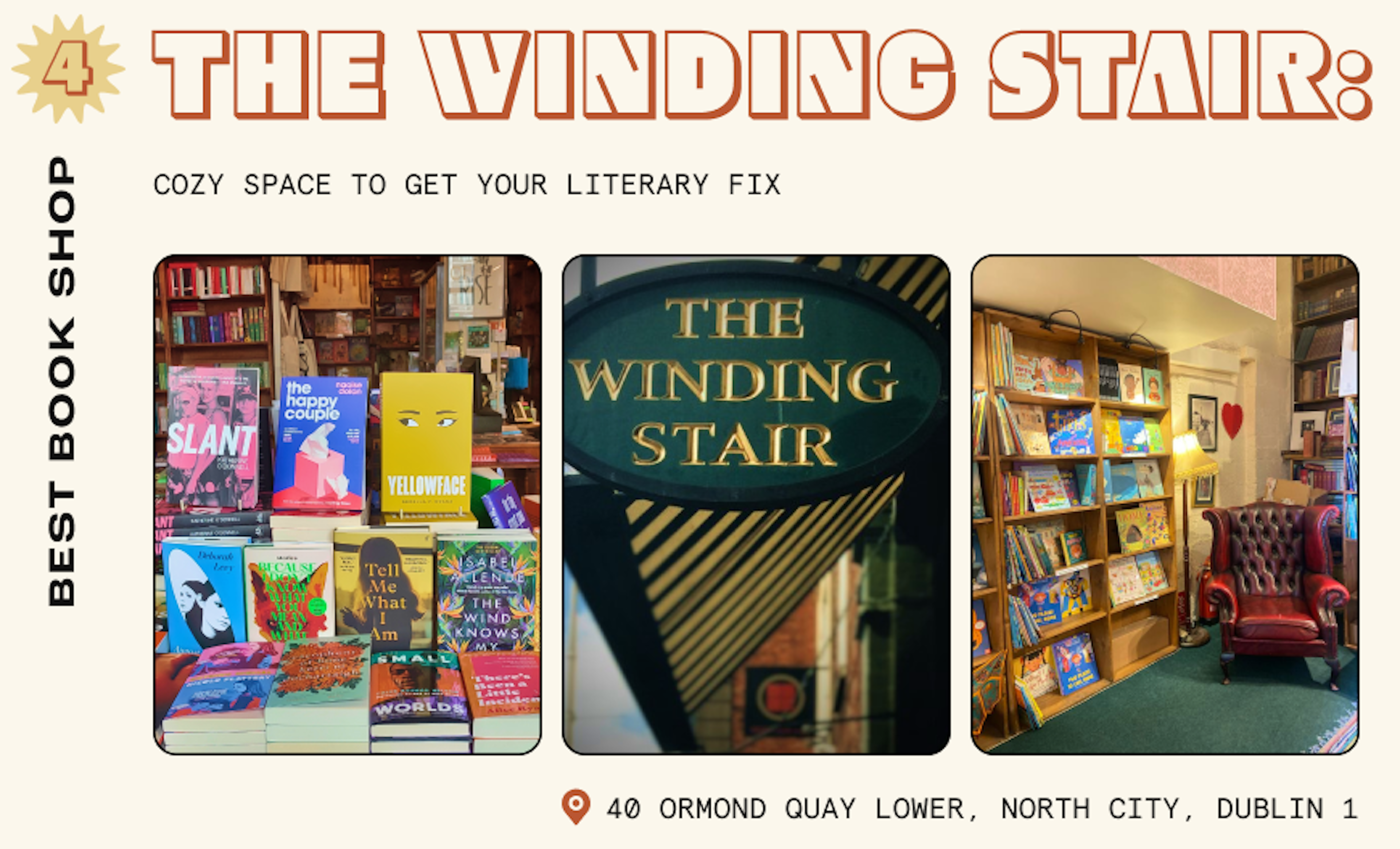 Close-up of books and the reading chair of The Winding Stair bookshop in Dublin