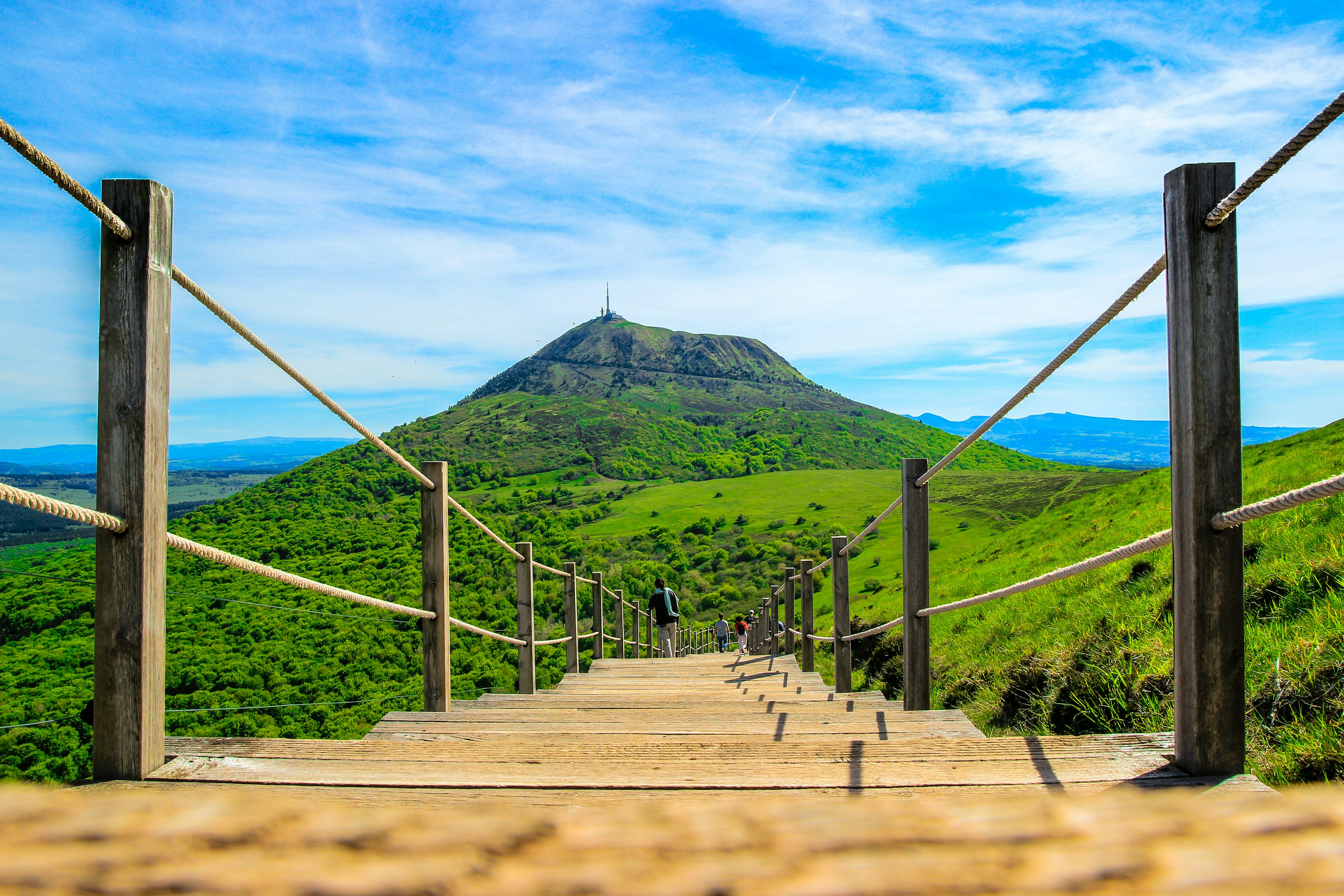 Stairs leading down towards the Puy de Dome volcano, France