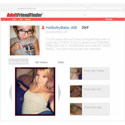 Adult Friend Finder screenshot example of a member profile page with photos and an introduction bio