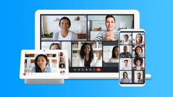 Google Meet on different Google devices on a blue background.