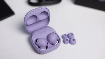 The Galaxy Buds 2 Pro displayed in their open case on a white surface