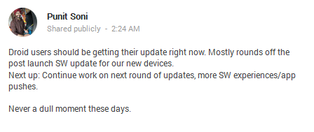 Punit Soni&#039;s G+ page hints at more updates to come - Camera update pushing out now to Motorola DROID owners