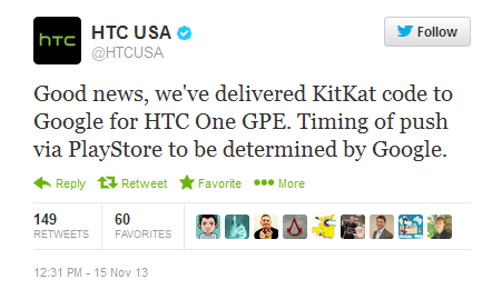 HTC says the Android 4.4 update for the Google Play Edition of the HTC One is in Google&#039;s hands - KitKat code given by HTC to Google; HTC One Google Play edition update in Google&#039;s hands