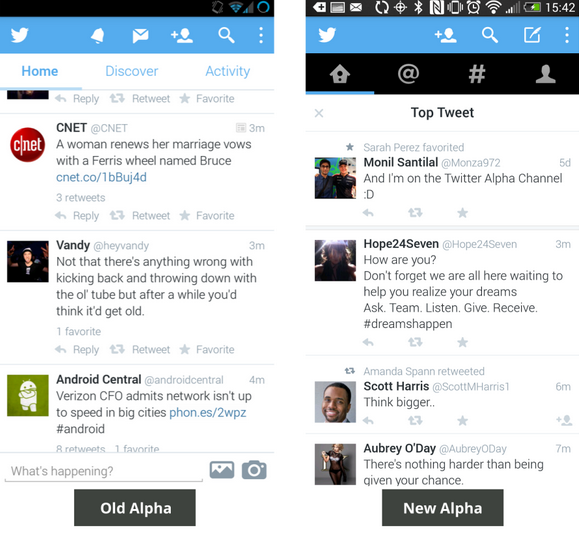 Differences between the old and new alpha versions of Twitter&#039;s Android app - Twitter drops &quot;swipeable&quot; redesign for its Android app