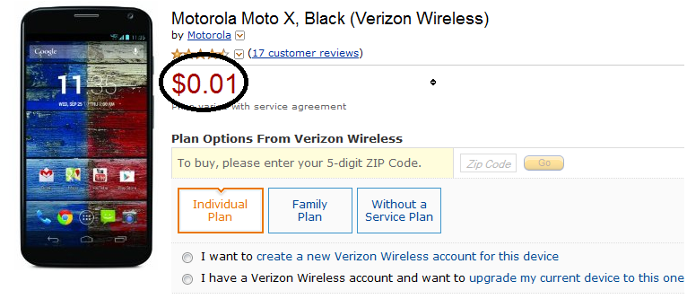 Buy the Verizon branded Motorola Moto X from Amazon for 1 cent on contract - Verizon&#039;s Motorola Moto X priced at 1 cent at Amazon, with two-year pact
