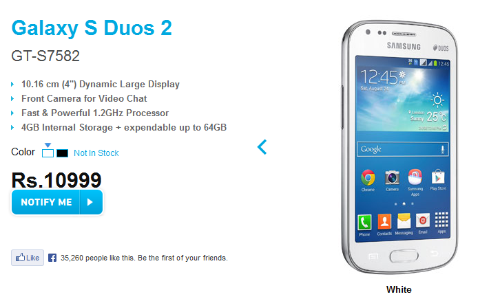 The Samsung Galaxy S Duos 2 is posted on Samsung India&#039;s website - Samsung Galaxy S Duos 2 official, posted on Samsung India&#039;s website