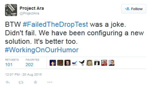 Project Ara says that its Drop Test Failure comment was only a joke - Project Ara says that its &quot;failed drop test&quot; comment was a joke