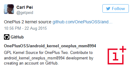 Carl Pei&#039;s tweet links to the kernel source for the OnePlus 2 - Kernel source for OnePlus 2 released