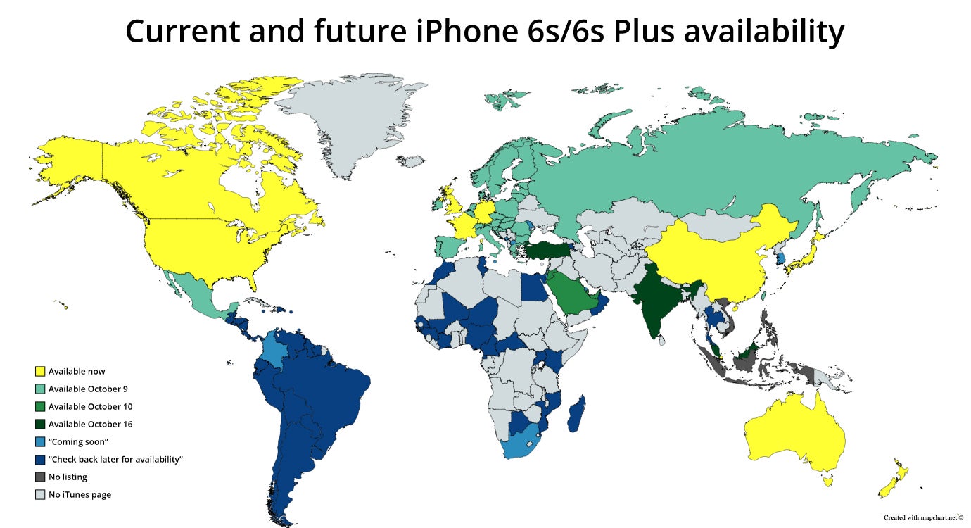 Apple iPhone 6s and 6s Plus rollout schedule and country availability map - Apple iPhone 6s/Plus country availability map and LTE bands compatibility