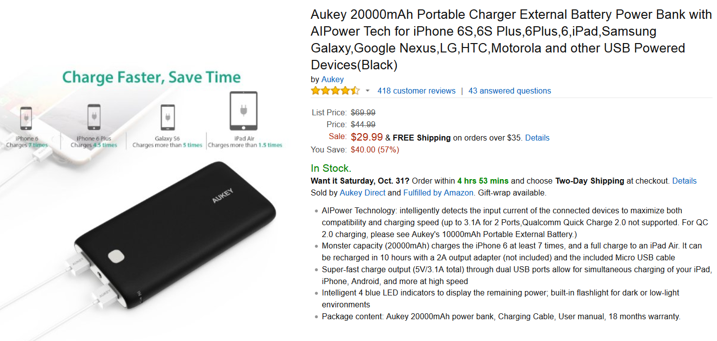 Aukey&#039;s 22,000mAh power bank is only $21.99 from Amazon with a coupon code - Aukey&#039;s 20,000mAh power bank is just $21.99 from Amazon with this coupon code