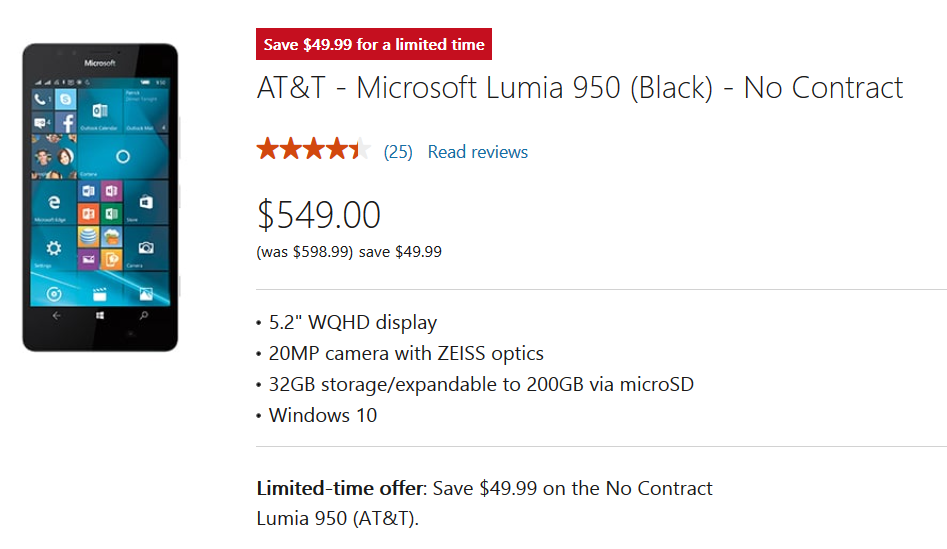 The AT&amp;amp;T Microsoft Lumia 950 is on sale at the Microsoft Store - Microsoft Store cuts the price of the AT&amp;T branded Lumia 950 for a limited time