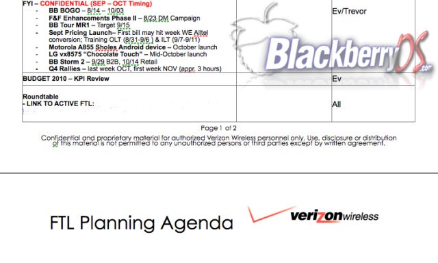 Internal doc shows launch timing for the Motorola Sholes and LG VX8575 - Document confirms October launch timing for the Sholes and the VX8575