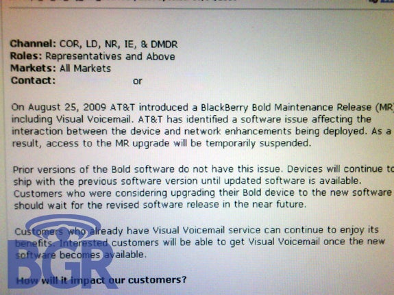 AT&amp;T pulls BlackBerry Bold software upgrade with Visual Voicemail