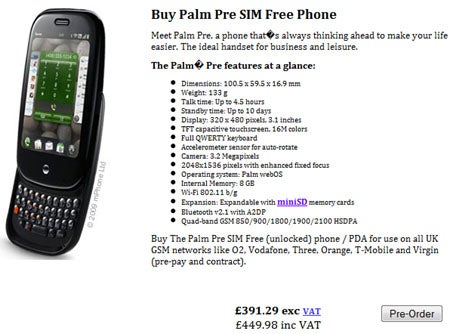 &quot;Sim-free&quot; Palm Pre pops up in the UK for two online retailers