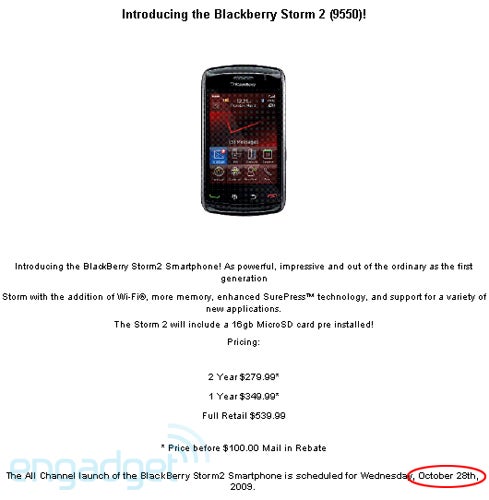 Verizon to launch BlackBerry Storm2 on October 28th for $179.99?