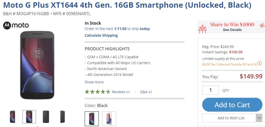 Deal: Save $100 when you buy the unlocked Moto G4 Plus (16GB and 64GB models) at B&amp;H