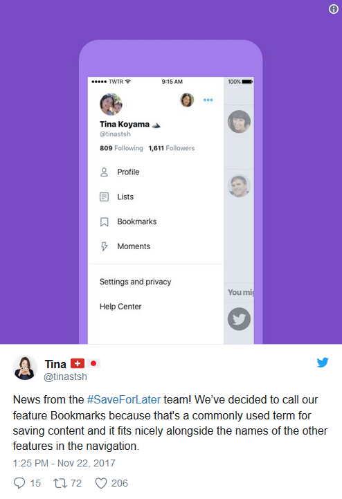 Bookmarks allows you to save a tweet to read later - Twitter to add a &#039;save for later&#039; feature called Bookmarks