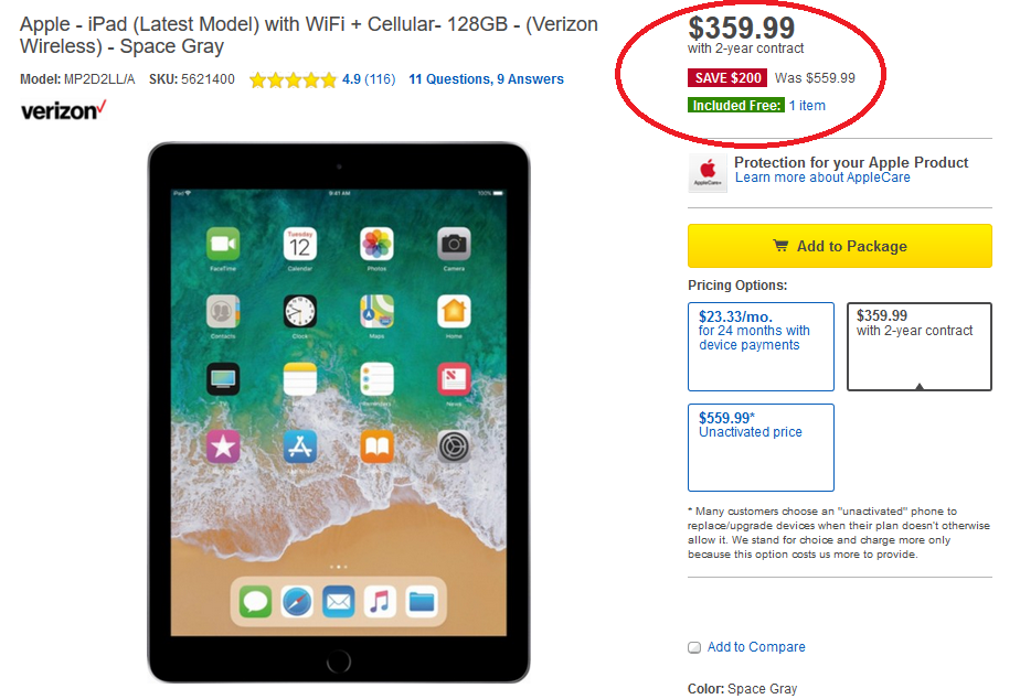 The fifth-gen Verizon Apple iPad with Wi-Fi + Cellular is $200 off at Best Buy - Save $200 on the fifth-generation Verizon Apple iPad at Best Buy (Wi-Fi + Cellular)