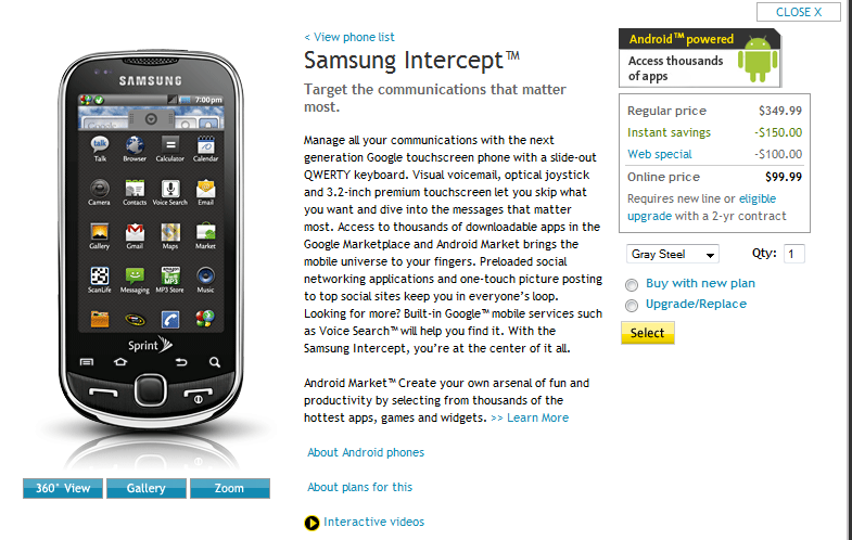 Sprint now offering Samsung Intercept for $99.99 after 2 year contract
