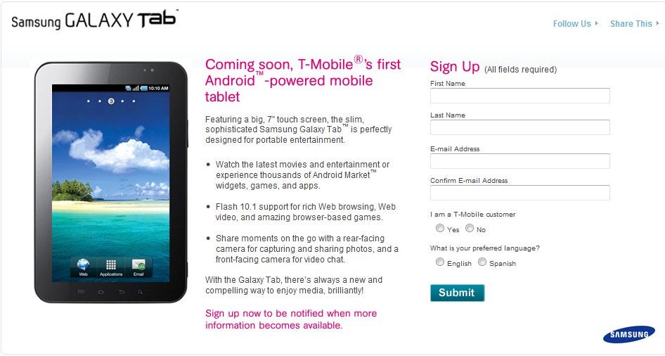 Sign up page allows you to get upcoming details about T-Mobile&#039;s Samsung Galaxy Tab