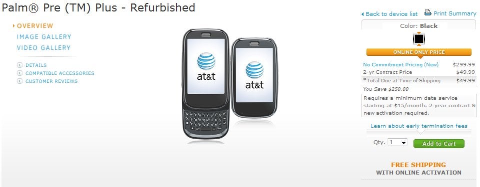 Refurbished AT&amp;T Palm Pre Plus is going for $49.99 on-contract