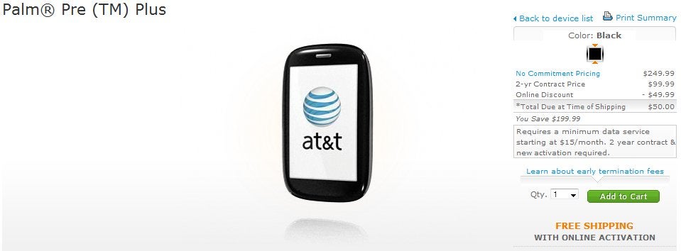 AT&amp;T follows suit by pricing the Palm Pre Plus at $50 with a contract