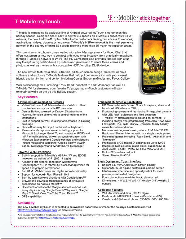 The T-Mobile myTouch is loaded with features - More info on T-Mobile&#039;s myTouch revealed; phone to feature T-Mobile T.V.