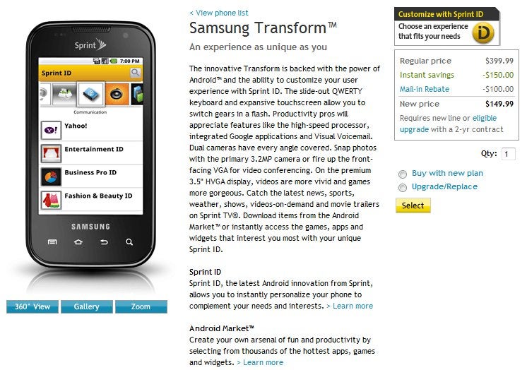 Sprint&#039;s mid-range offering in the Samsung Transform is now available