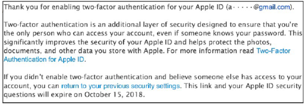 Image of email from law suit; plaintiff claims that the wording doesn&#039;t make it clear that after 14 days, 2FA cannot be disabled - Class action suit against Apple claims that this security feature was forced on customers