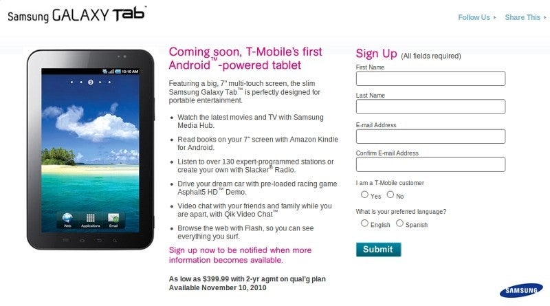 Samsung Galaxy Tab on T-Mobile to cost $400 with contract, available November 10th