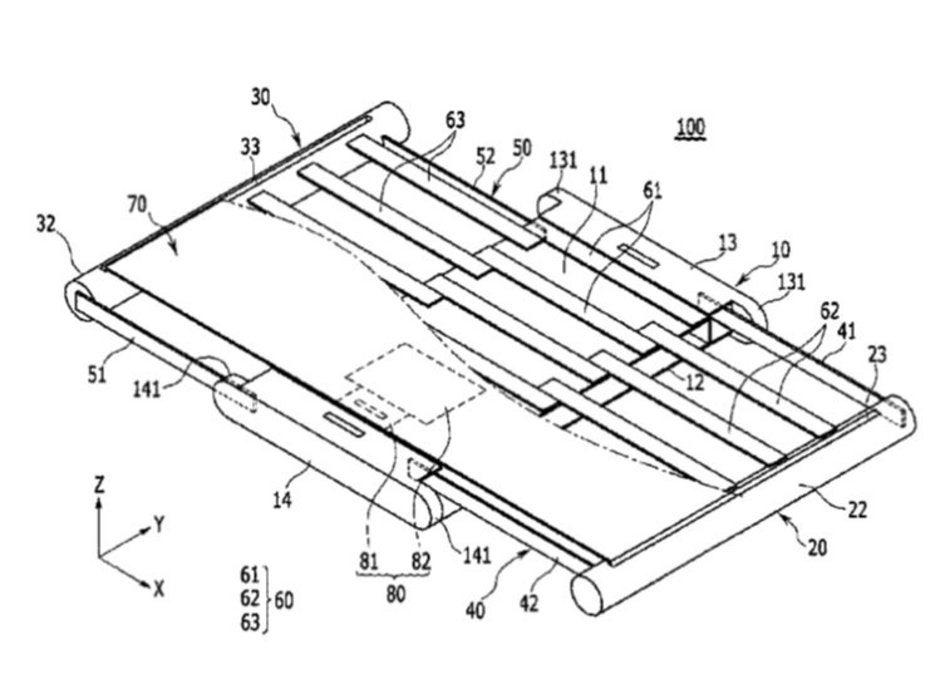 An image from Samsung&#039;s patent for a foldable phone using a rollable display - Hot rumor has Sony prepping a foldable phone with a retractable rolling display