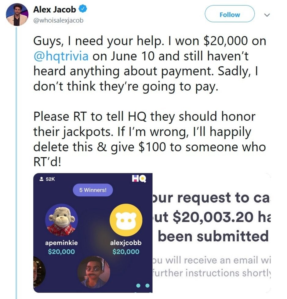 Jeopardy champ Jacob says he&#039;s been stiffed by HQ Trivia - Former Jeopardy champ claims that he&#039;s been stiffed by HQ Trivia after winning $20,000