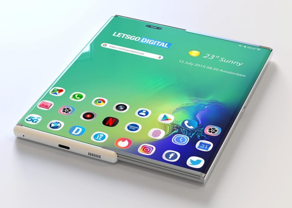 Render from Lets Go Digital shows the retractable screen fully extended - Samsung&#039;s patent shows a phone using a slide-out screen to become a tablet