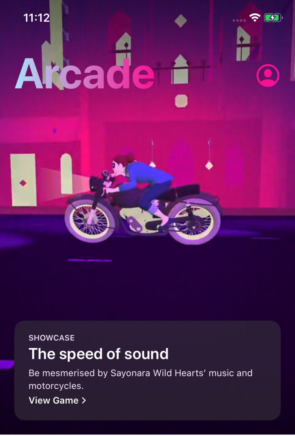 Apple Arcade&#039;s current Sayonara Wild Hearts splash screen - Apple Arcade launch games list review