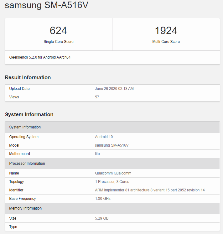 Galaxy A51s 5G UW&#039;s Geekbench listing - Verizon-exclusive Samsung Galaxy A51s 5G UW spotted with the Snapdragon 765G chipset