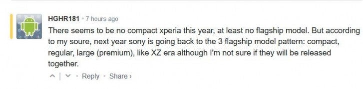 The comment which hints that Compact and Premium versions are getting resurrected - Sony is apparently bringing back Compact and Premium models of its flagships