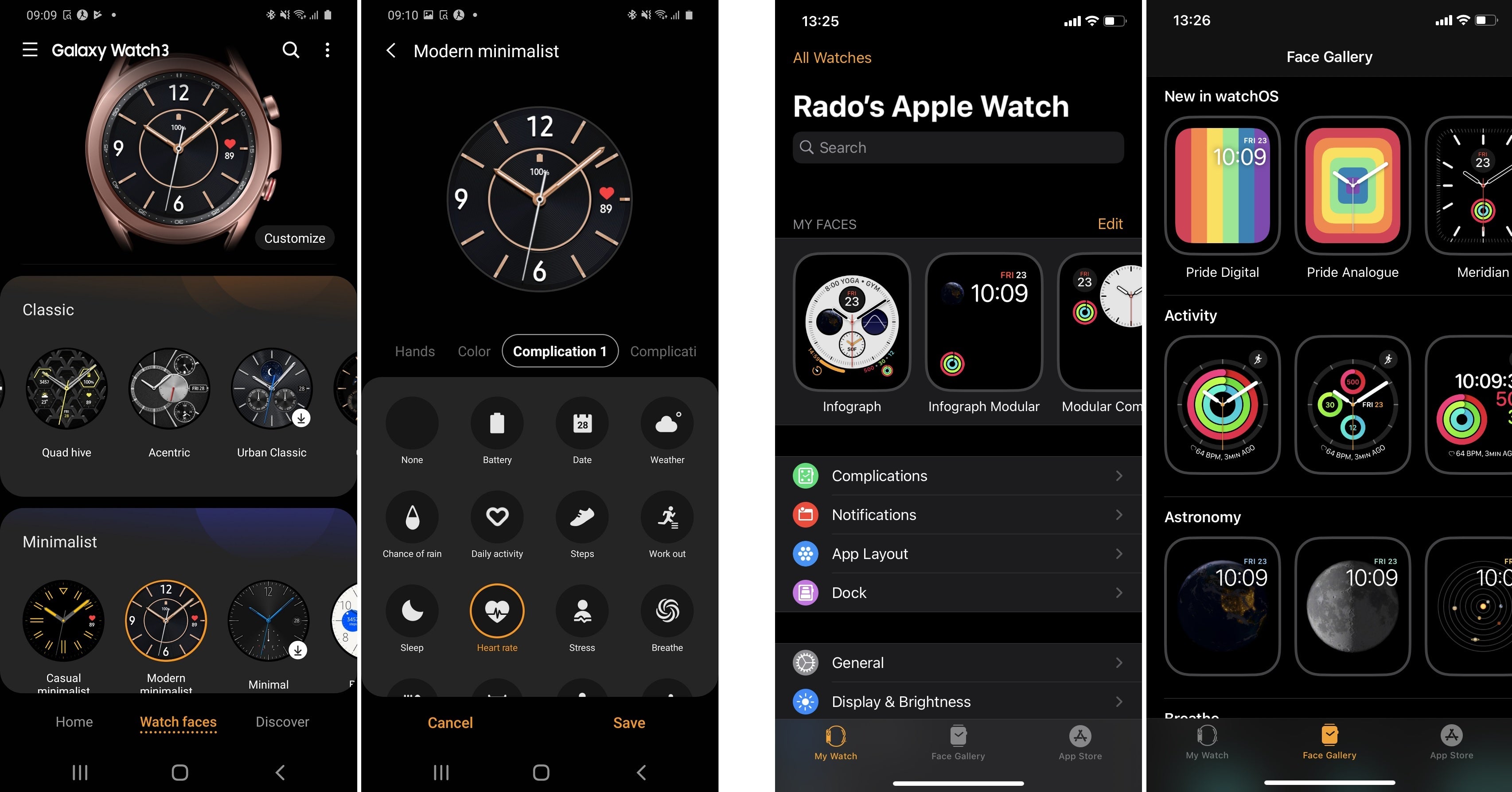 On the left we have two screenshots from the Galaxy Watch 3&#039;s smartphone companion app, while the two on the right are from the Apple Watch iPhone app - Apple Watch Series 5 vs Samsung Galaxy Watch 3