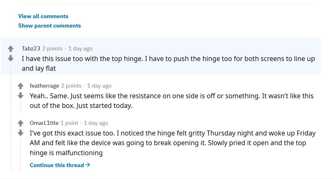Surface Duo owners complaining about the phone&#039;s hinge on Reddit. - Surface Duo users are complaining about a very serious hardware problem