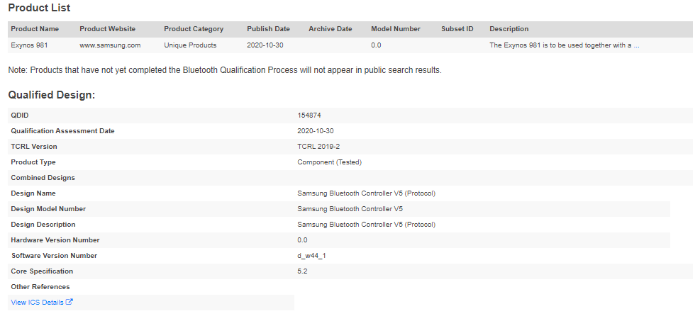 Exynos 981&#039;s Bluetooth SIG listing - The 5nm Samsung Exynos 1080 will be unveiled in a dedicated event this month