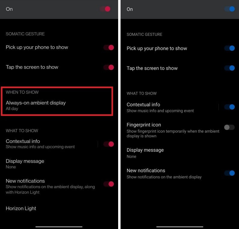 The always-on ambient update setting is missing from the T-Mobile version of the phone on the right - T-Mobile OnePlus 8T 5G now comes with always-on setting for the display