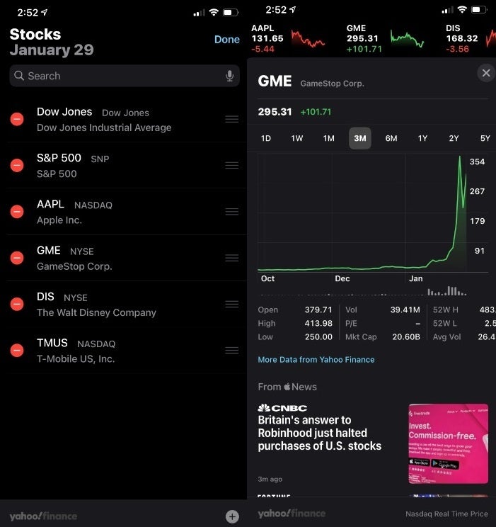 The iOS native stock app includes prices and charts - The role of mobile tech in the current &quot;GameStop&quot; investment craze