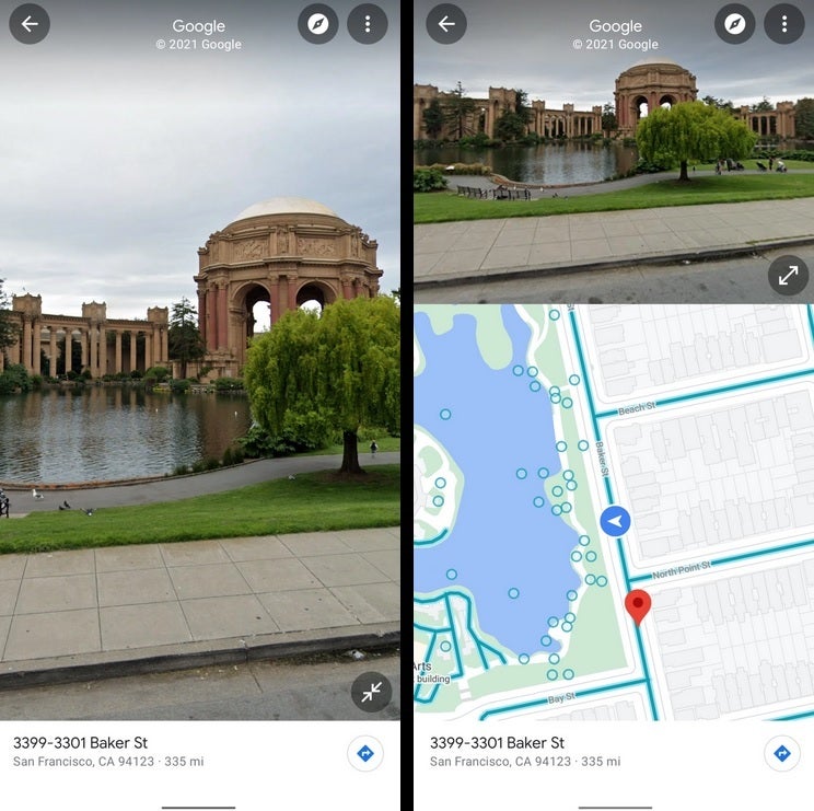 At left, the regular full-screen UI. At right, the new split-screen view - Google testing split-screen UI for Maps&#039; Street View on Android
