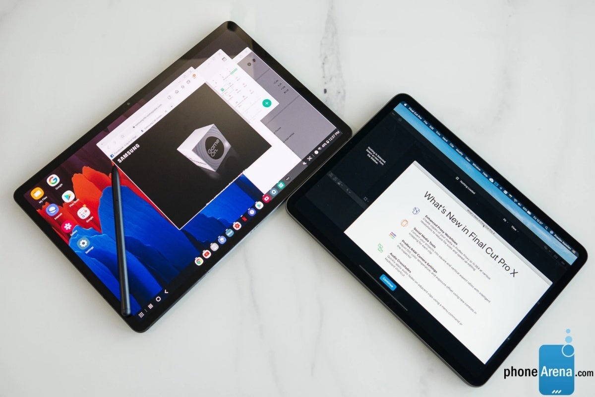 Galaxy Tab S7+ (left), 11-inch iPad Pro 2020 (right) - Samsung&#039;s impressive Galaxy Tab S8 5G family may keep us waiting until 2022